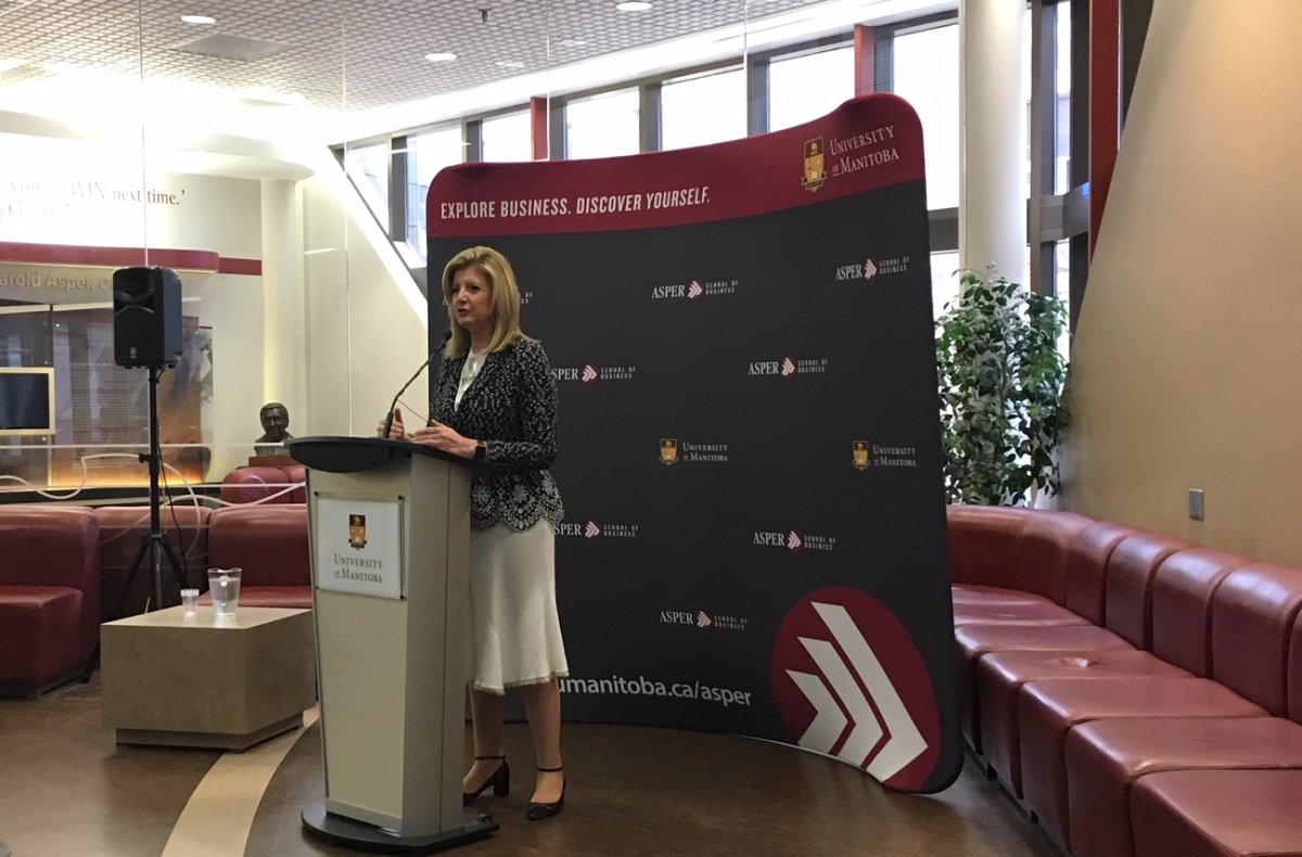 Arianna Huffington speaks at the University of Manitoba's Asper School of Business.