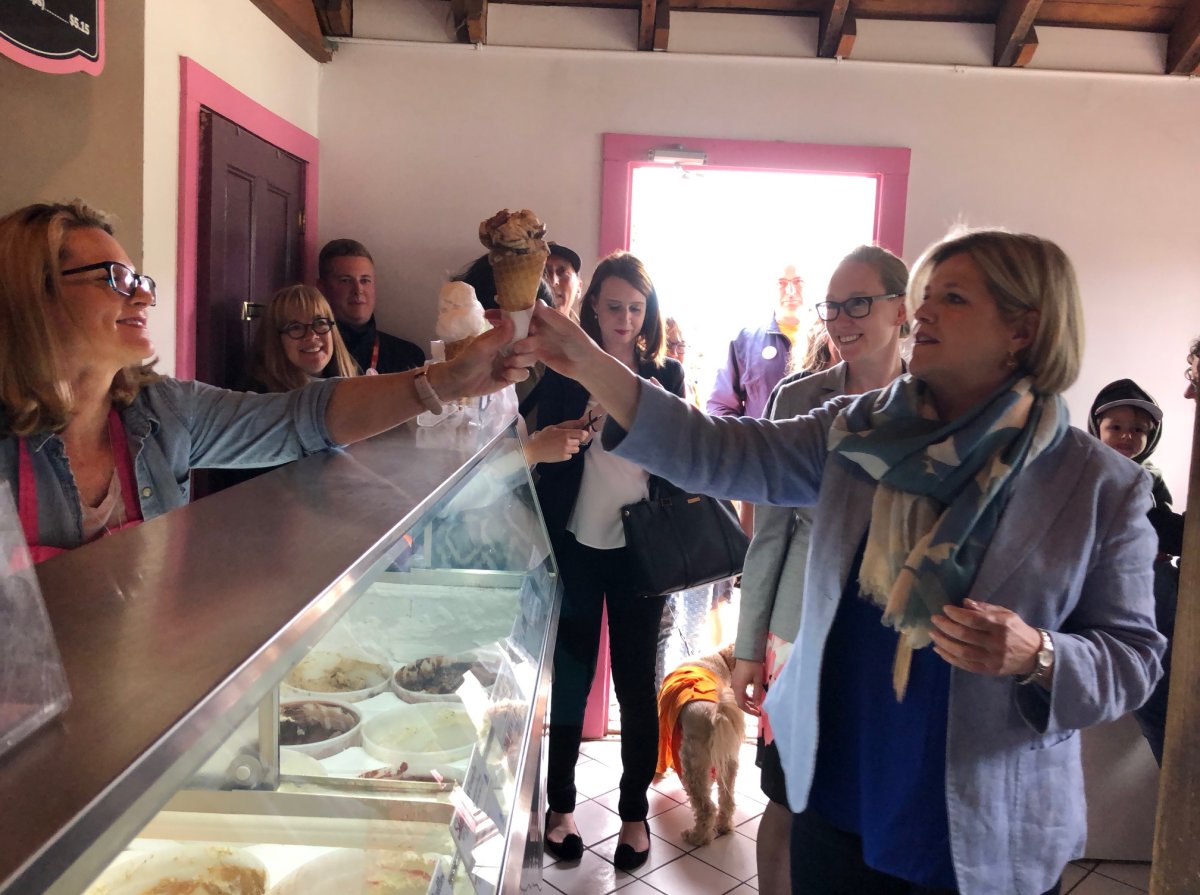 Ontario NDP Leader Andrea Horwath samples some ice cream during a campaign stop in Guelph on Tuesday afternoon. 