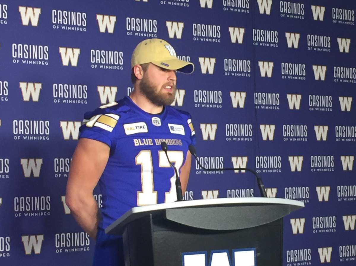 Bombers rookie QB Chris Streveler speaks with the media in Winnipeg in advance of his first CFL start against the Eskimos on Thursday, June 14.