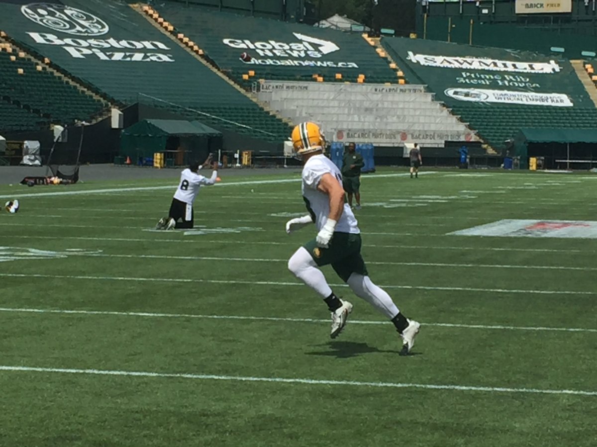 New Eskimos receiver Sam Giguere works out with his new team on Tuesday, June 26.
