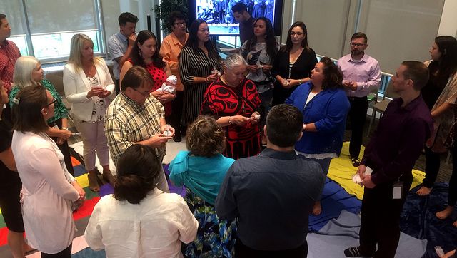 Children’s Services staff participate in a blanket exercise as part of the launch of the Indigenous Cultural Understanding Framework, Tuesday, June 26, 2018. 