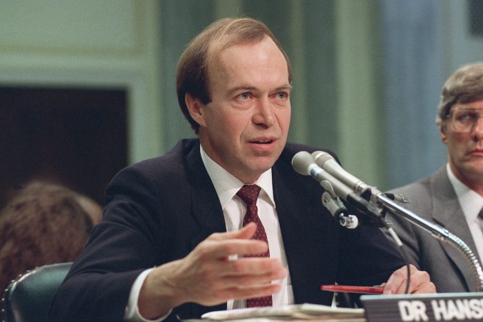  In this May 9, 1989 file photo, Dr. James Hansen, director of NASA's Goddard Institute for Space Studies in New York, testifies before a Senate Transportation subcommittee on Capitol Hill in Washington, D.C.