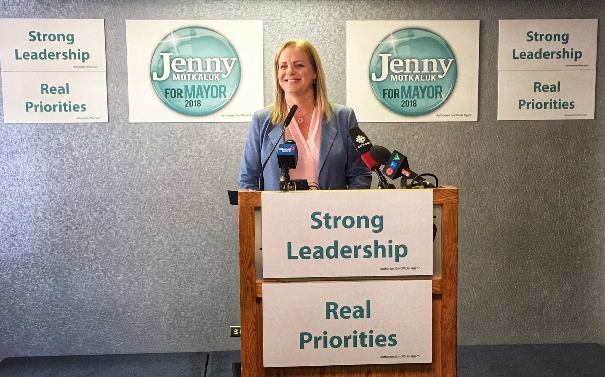 Winnipeg business woman Jenny Motkaluk said Monday she has 6 priorities in her mayoral campaign, 3 of which are urgent.