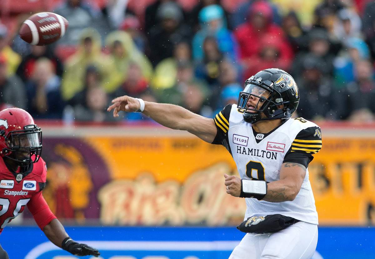 Hamilton Tiger-Cats quarterback Jeremiah Masoli during second half CFL action against the Calgary Stampeders in Calgary, AB. on Sat., June 16, 2018.