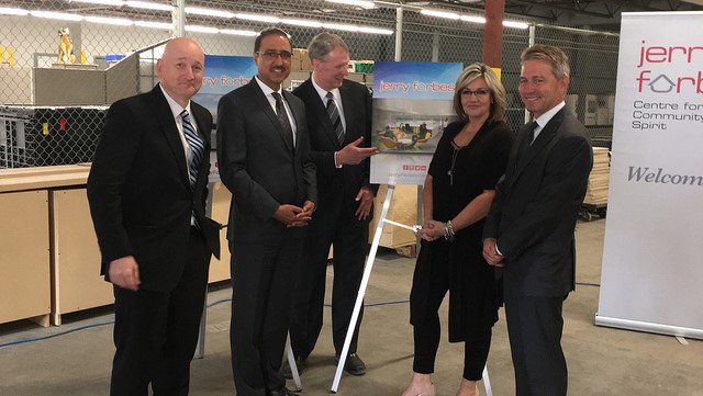 Edmonton city councillor Mike Nickel, federal Minister of Infrastructure Amarjeet Sohi, Jerry Forbes Centre executive director Max Scharfenberger, provincial Minister of Infrastructure Sandra Jansen and board chair of the Jerry Forbes Centre Foundation Brian Farrell at the funding announcement.