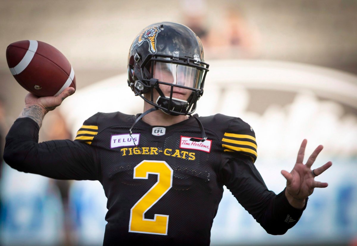 Hamilton Tiger-Cats quarterback Johnny Manziel (2) throws during pre-game warm up before the CFL football exhibition game against the Toronto Argonauts in Hamilton, Ontario on Friday, June 1, 2018. 