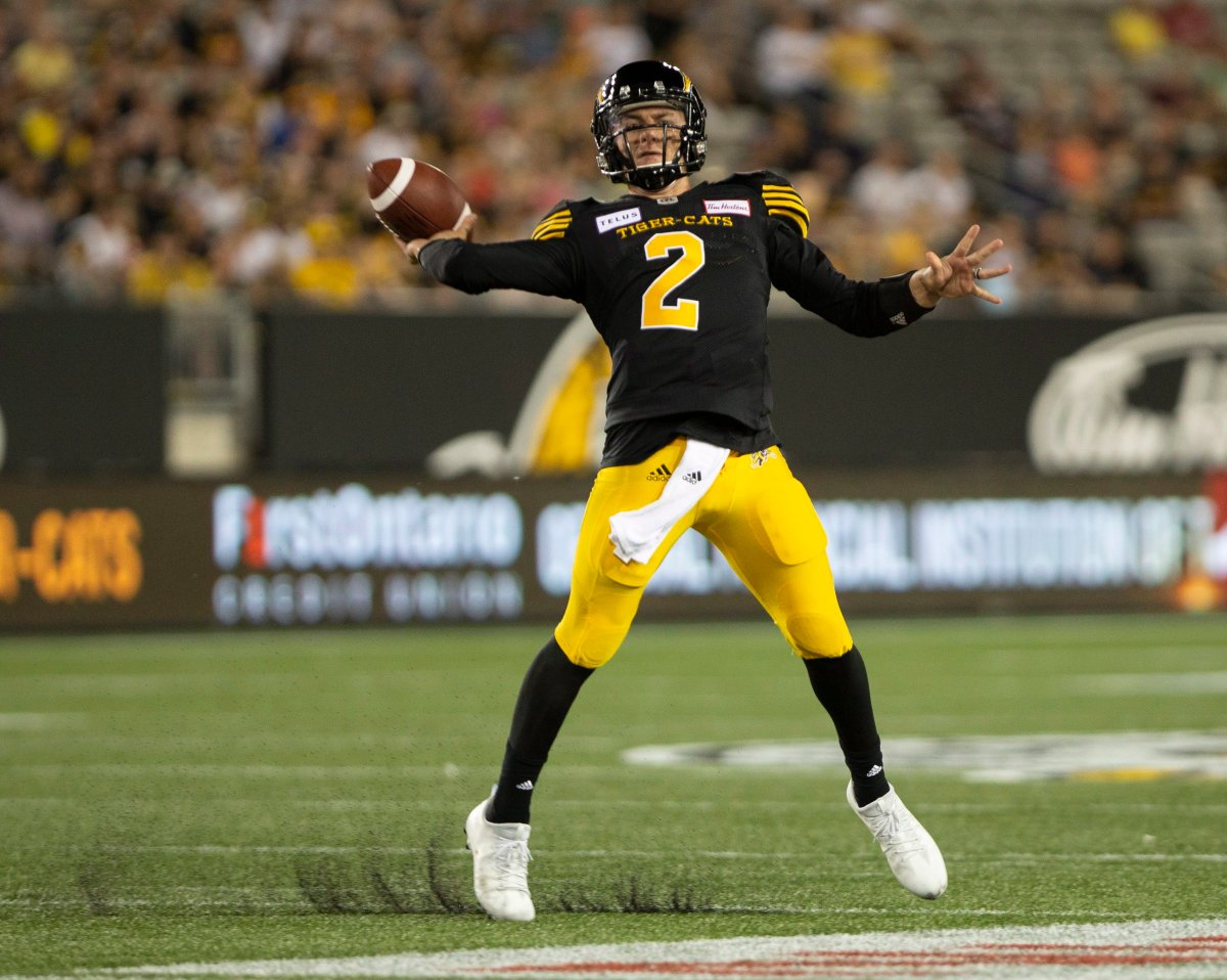 Hamilton Tiger-Cats quarterback Johnny Manziel (2) throws an errant pass during the second half of CFL Football exhibition game action in Hamilton, Ont. on Friday, June 1, 2018. 