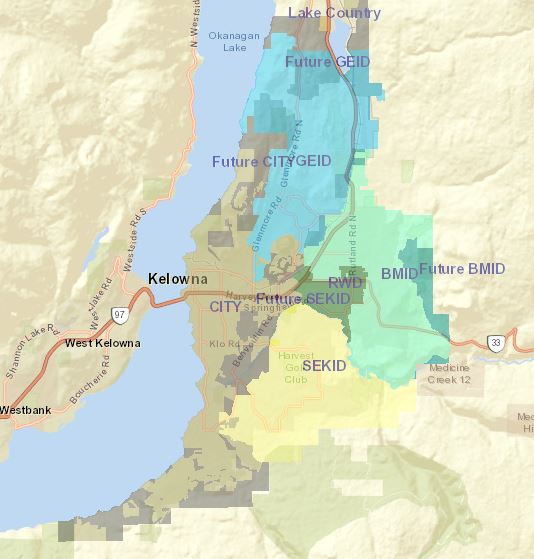 A map of the water districts in Kelowna.