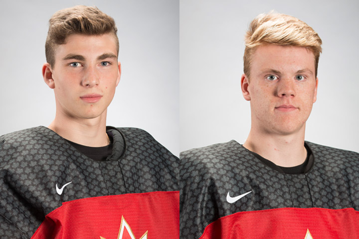 Saskatoon Blades forward Kirby Dach (l) and goalie Nolan Maier (r) have been invited to Team Canada’s Under-18 summer selection camp.