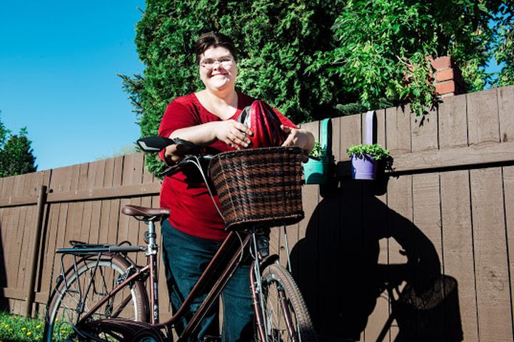 Twyla Lapointe and her bike in Edmonton, Alta.