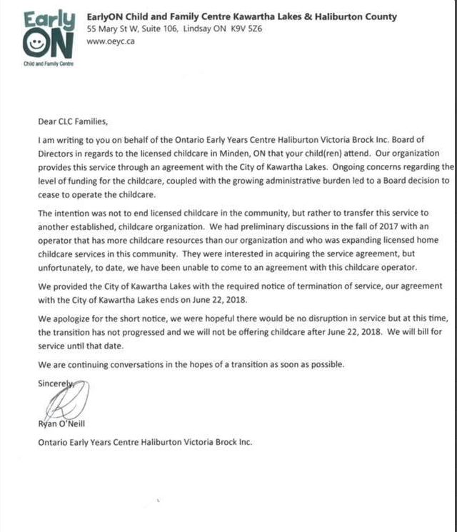 This letter was sent to parents of children at the Children’s Learning Centre in Minden, giving them five days’ notice that the daycare was shutting down.