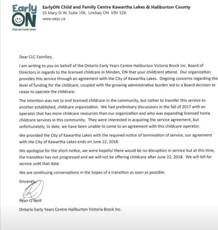 Letter received by parents