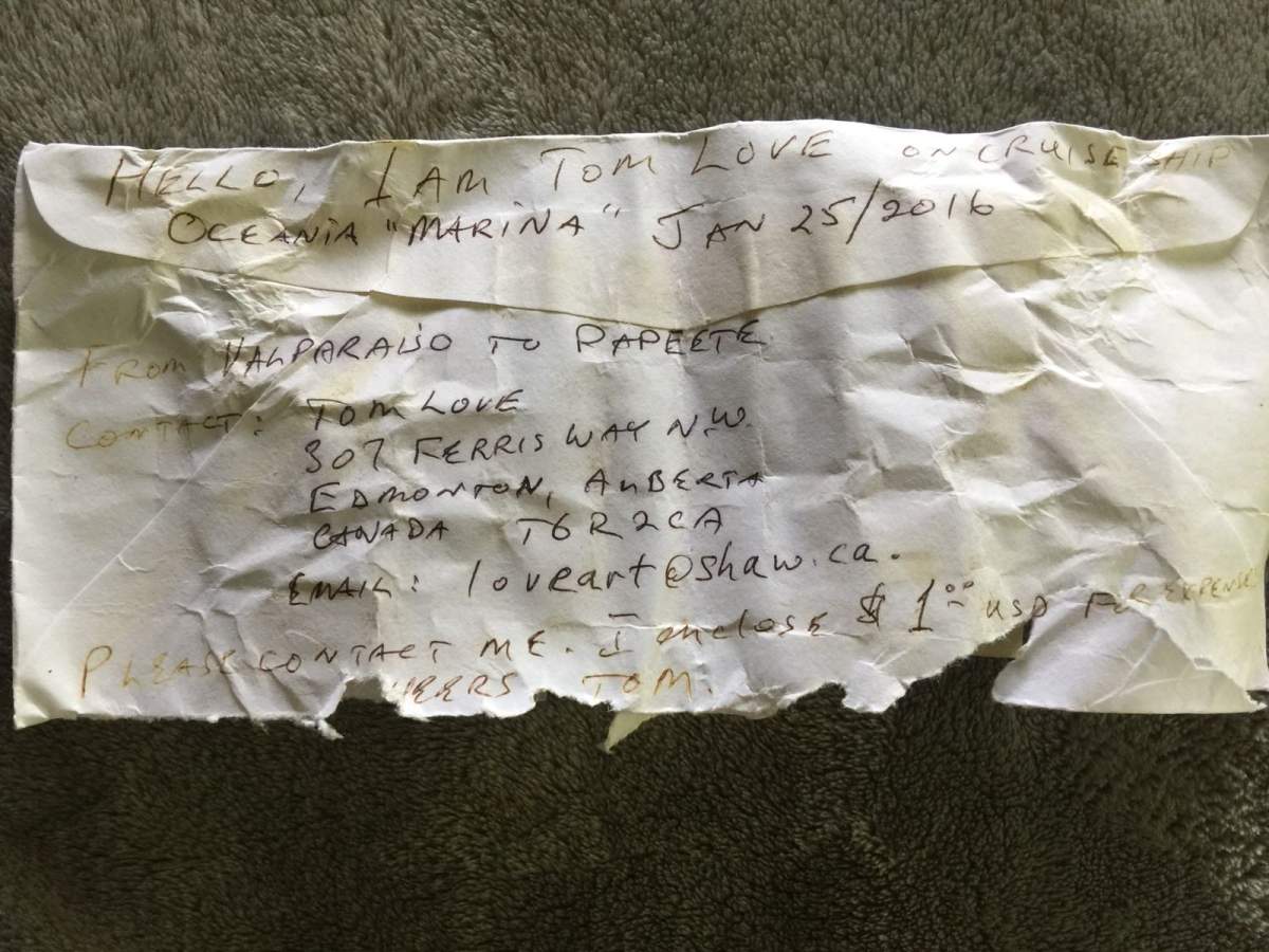 The note Tom Love sent off to sea in January 2016