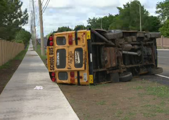 Three children were injured following a school bus rollover in Mississauga on June 4, 2018.