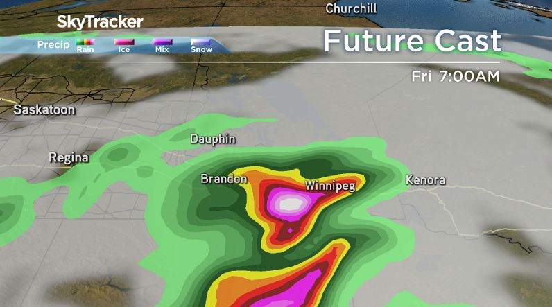 NAM model showing thunderstorms carrying into early hours of Friday morning.