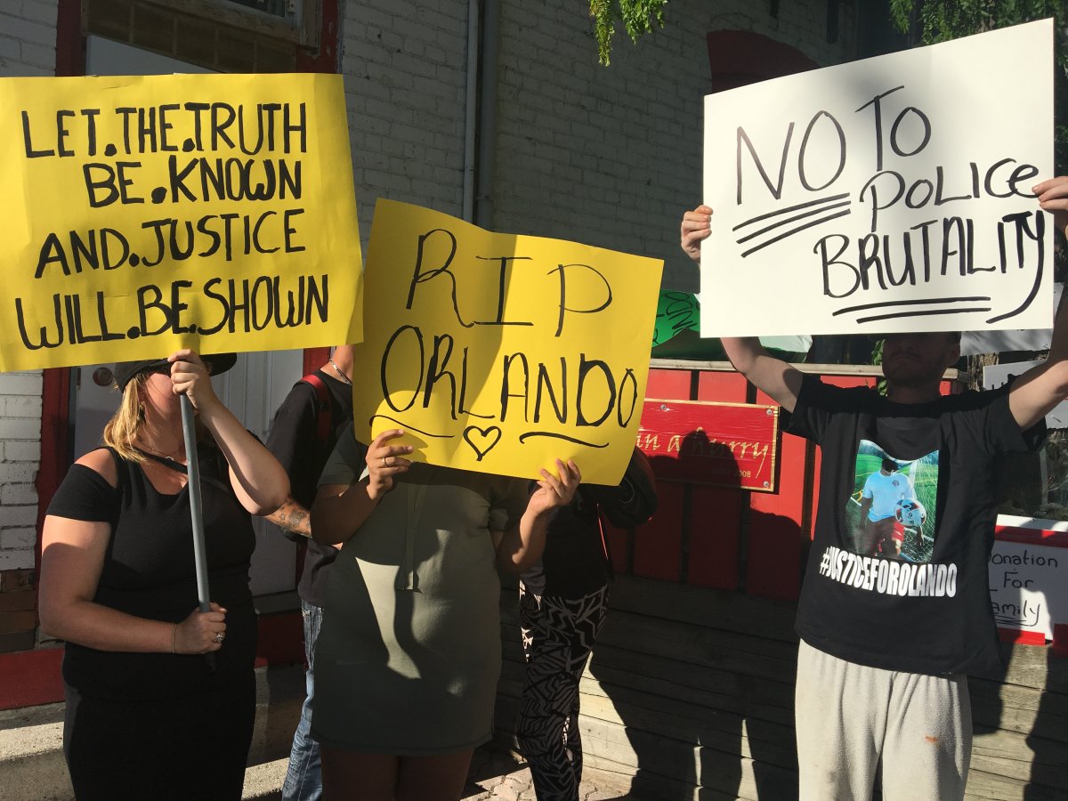 Friends and family of Olando Brown gathered downtown Barrie June 25.