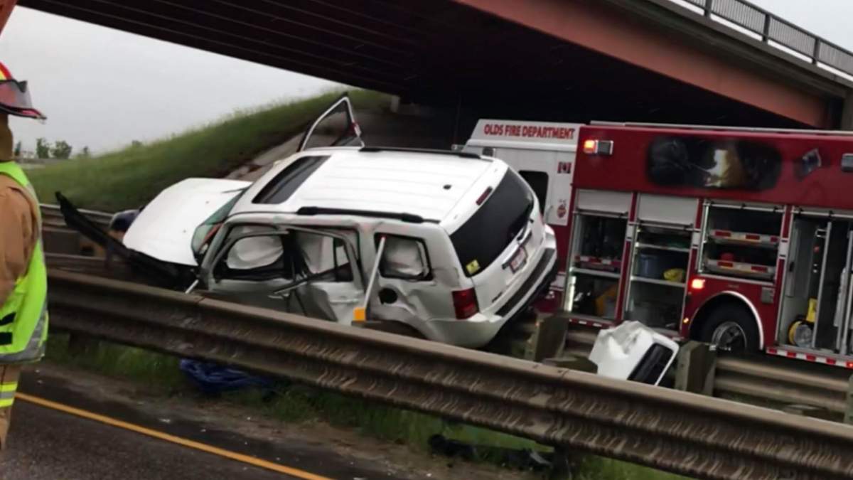 Sunday’s crash scene near Olds, Alta. that killed two people.