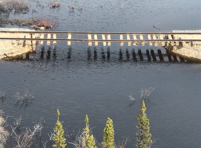 The broken rail line in northern Manitoba.