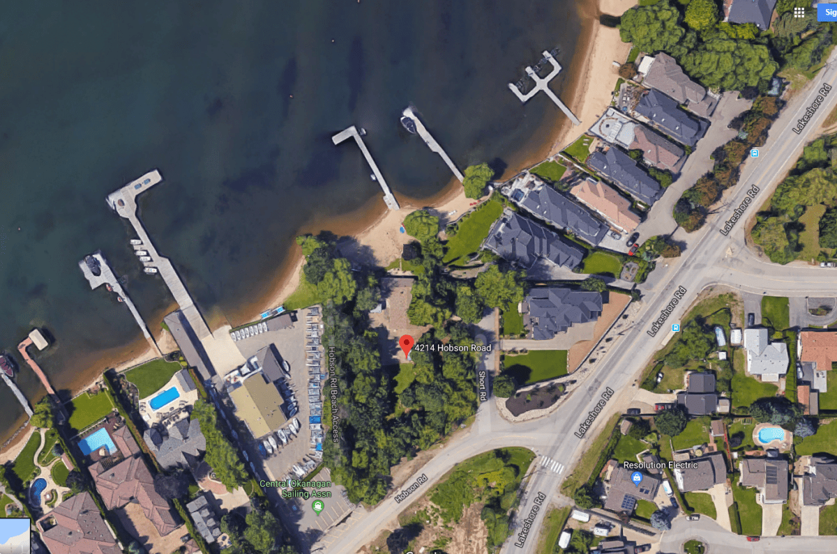 A satellite view of 4214 Hobson Road in Kelowna, B.C. The city of Kelowna purchased the waterfront property on June 1, 2018, and plans to turn it into public parkland.