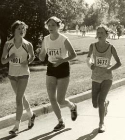 Pat Leung (left) and friends run in the first Manitoba Marathon in 1979.