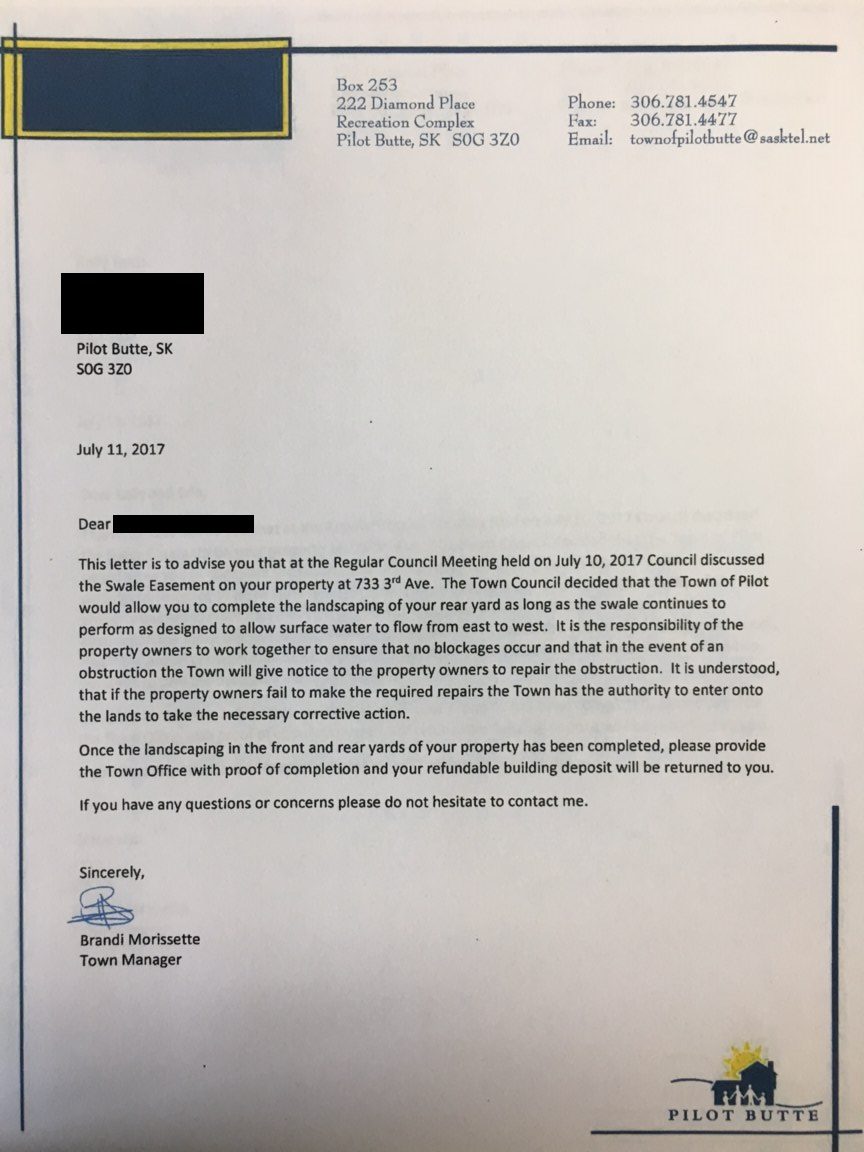 A letter issued from the town of Pilot Butte to affected residents on 3 Avenue.