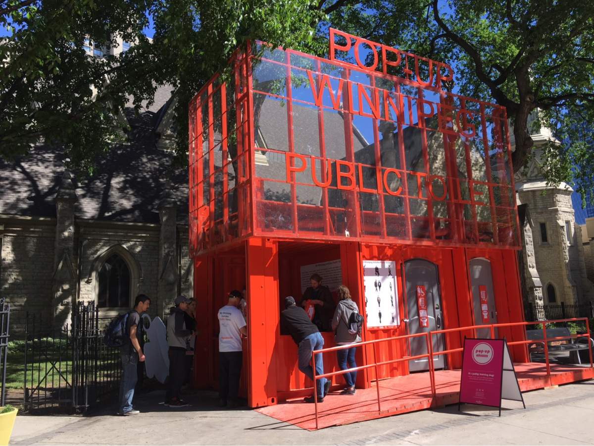Pop-up toilets popped up outside Holy Trinity Church in Downtown Winnipeg Monday.