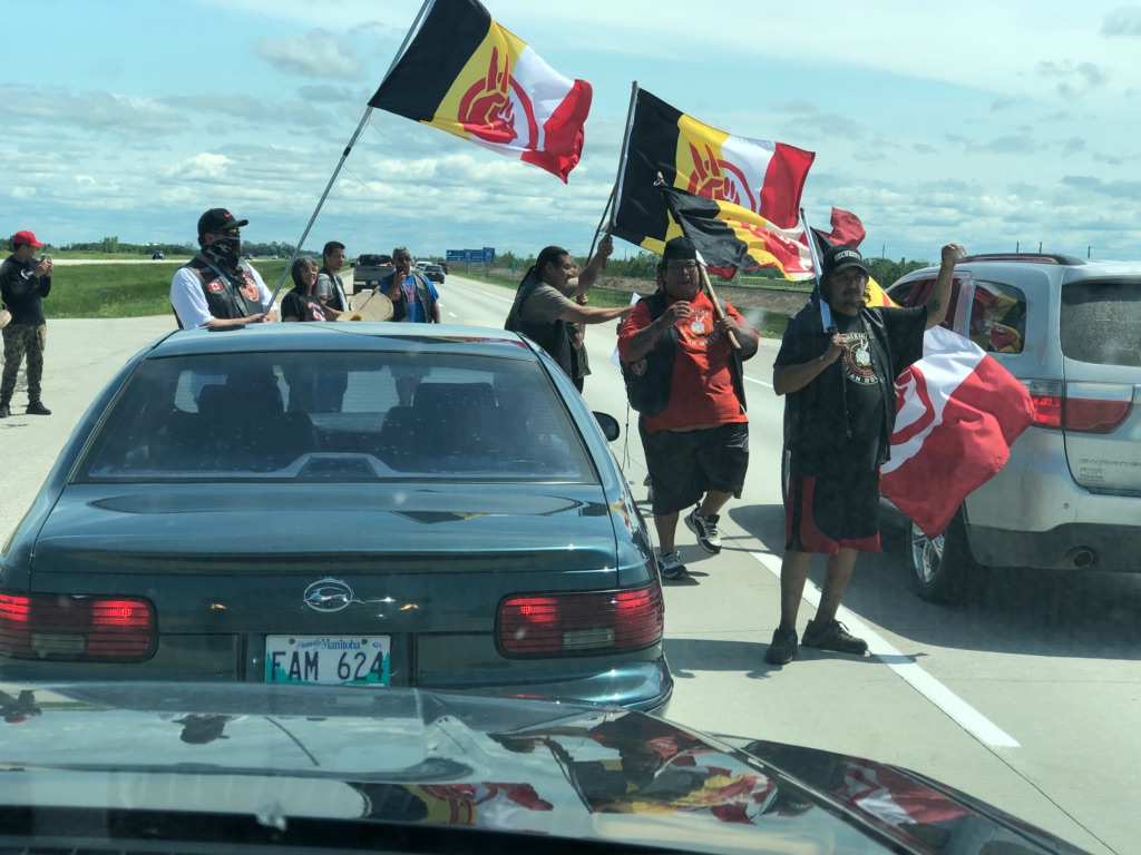 A group of protesters have blocked the Trans-Canada Highway by Deacon's Corner. 