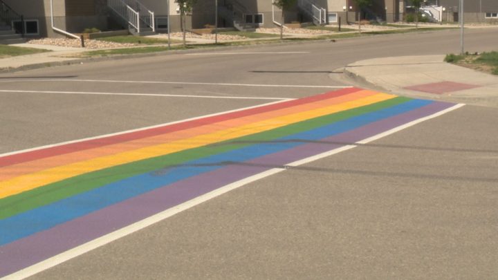 In less than 24 hours after students painted a rainbow on a crosswalk in Harbour Landing, it has been vandalized.