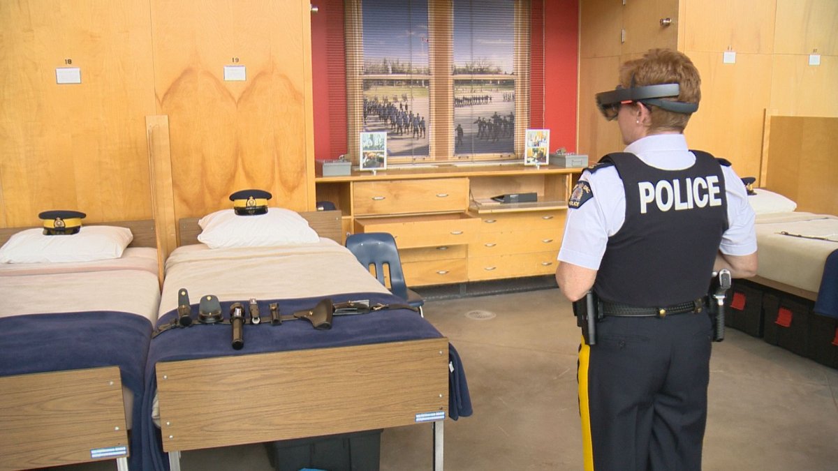 An RCMP officer test-drives a new virtual reality exhibit at the RCMP Heritage Centre.