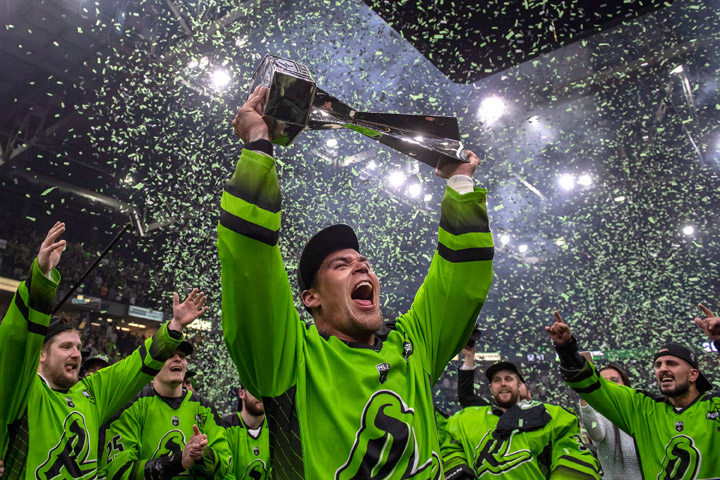 Saskatchewan Rush forward Jeff Shattler celebrates with the National Lacrosse League Cup after defeating the Rochester Knighthawks in Saskatoon on Saturday, June 9, 2018. The Rush are the 2018 NLL Champions after defeating the Knighthawks 15-10. 