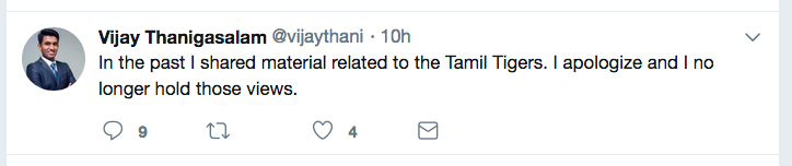 Apology posted on Ontario PC Party candidate Vijay Thanigasalam’s Twitter page on Tuesday night.