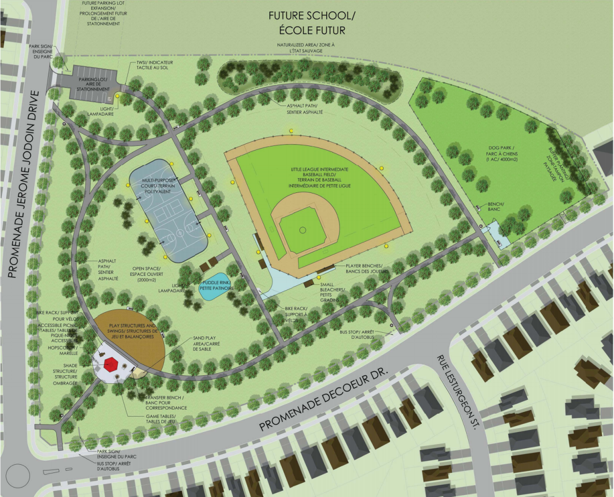 The concept design for the mega park shows off a variety of amenities, including a baseball diamond and a one-acre dog park.