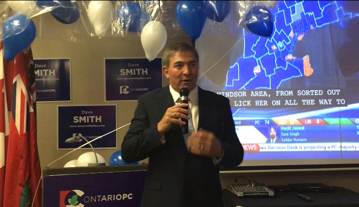 PC Dave Smith thanks supporters after being elected for Peterborough-Kawartha. 