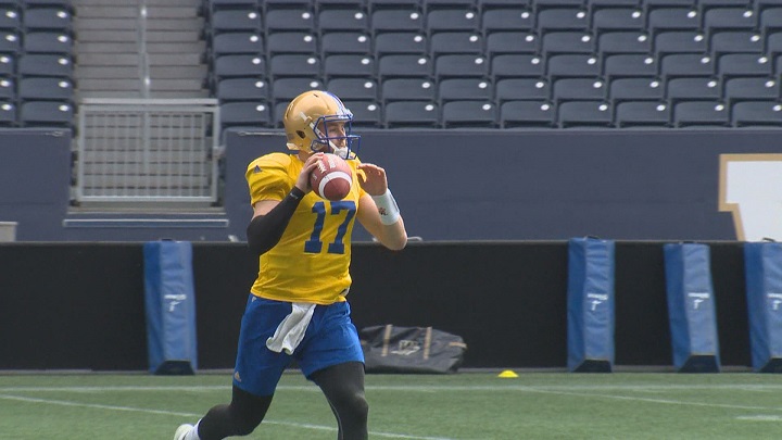 Winnipeg Blue Bombers quarterback Chris Streveler makes a pass in training camp.