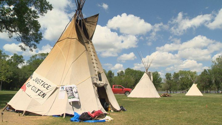 Three of the teepees now standing in Wascana Park as part of the Justice for our Stolen Children camp. 