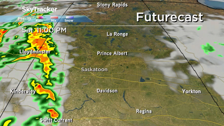 Thunderstorms are expected to move into western Saskatchewan late Saturday night.