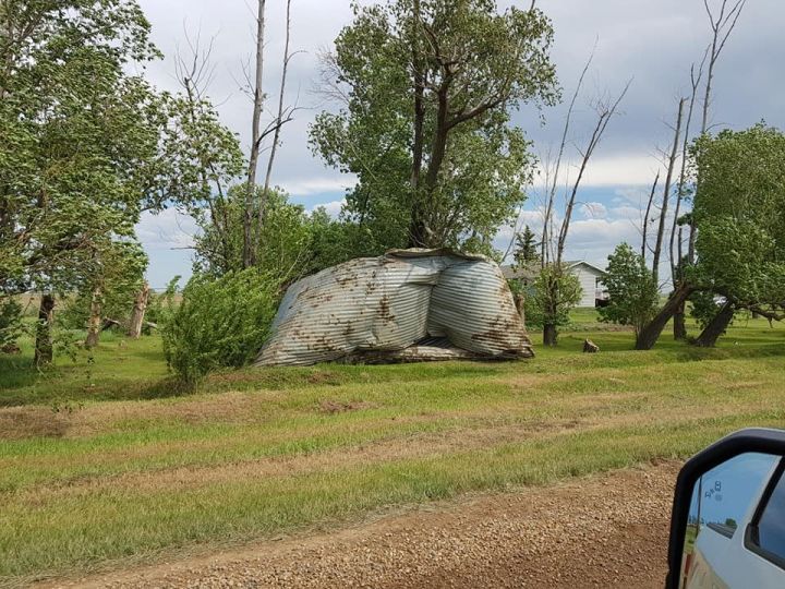 Grain bins damaged in Tilley, Alberta June 9, 2018.