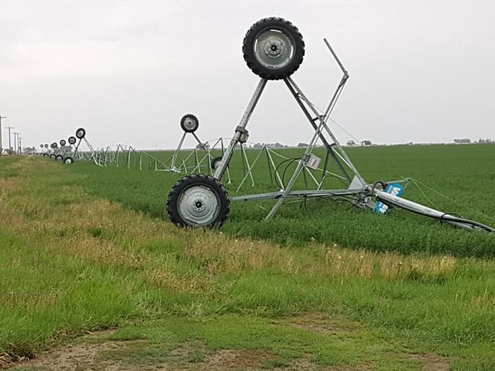 A pivot flipped over after severe weather tracks through Tilley, Alberta Saturday June 9, 2018.