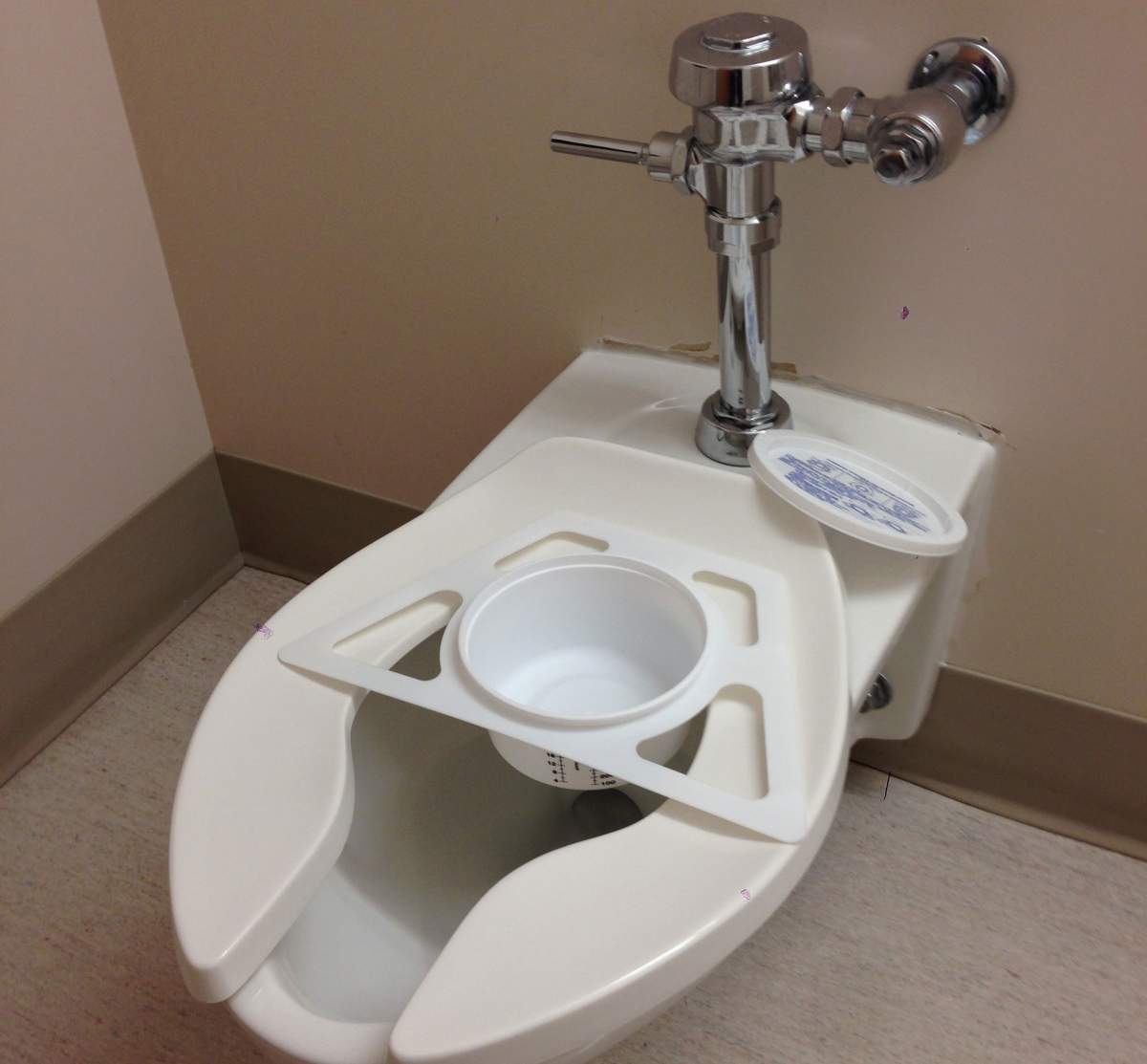 This is how you donate stool: with a special toilet attachment and plastic bucket.