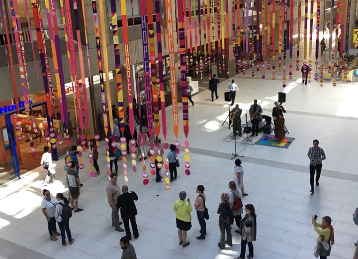The Toronto Love Project was initiated by local artist Berene Campbell and features long quilted banners "stitched with messages of hope, peace and love.".