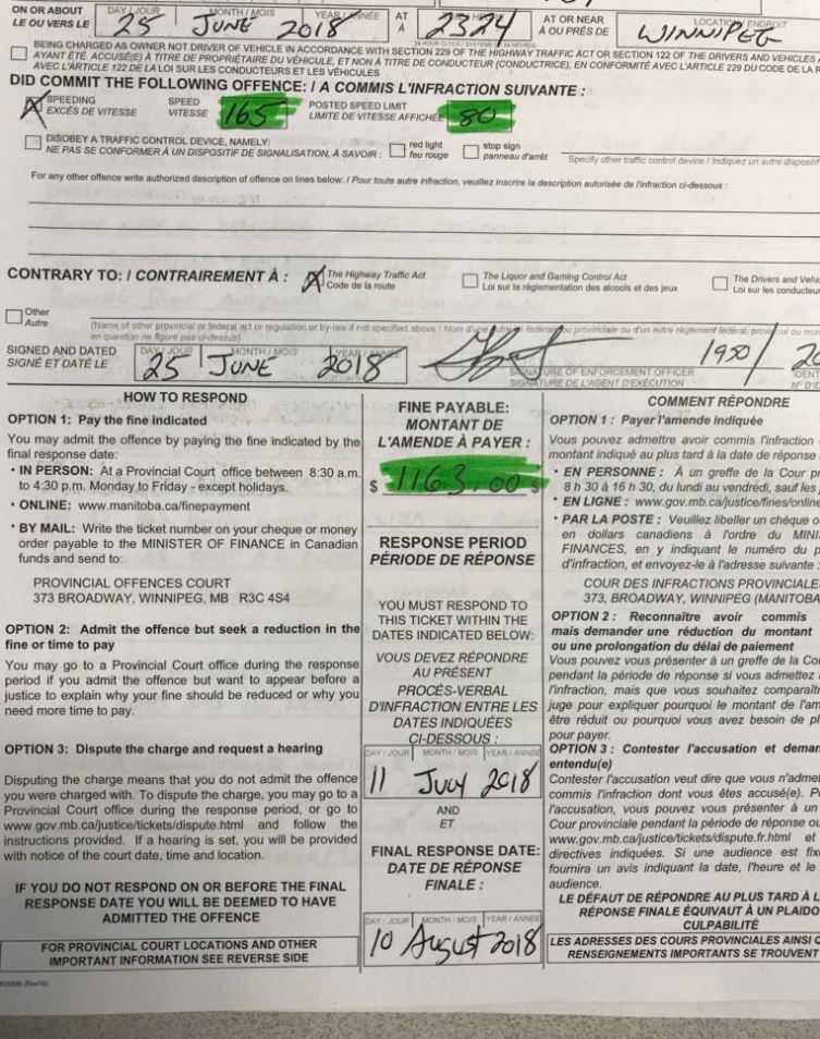 Winnipeg police posted a photo of a ticket handed out this week featuring a fine of $1163.00.