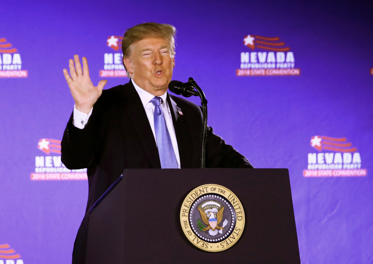 President Donald Trump speaks at a Nevada GOP Convention in Suncoast Hotel and Casino in Las Vegas, Nv., Saturday, June 23, 2018. 