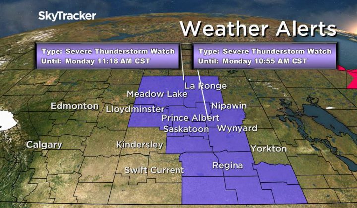 Environment Canada said conditions were favourable for severe thunderstorms to develop in central and southern Saskatchewan on Sunday.