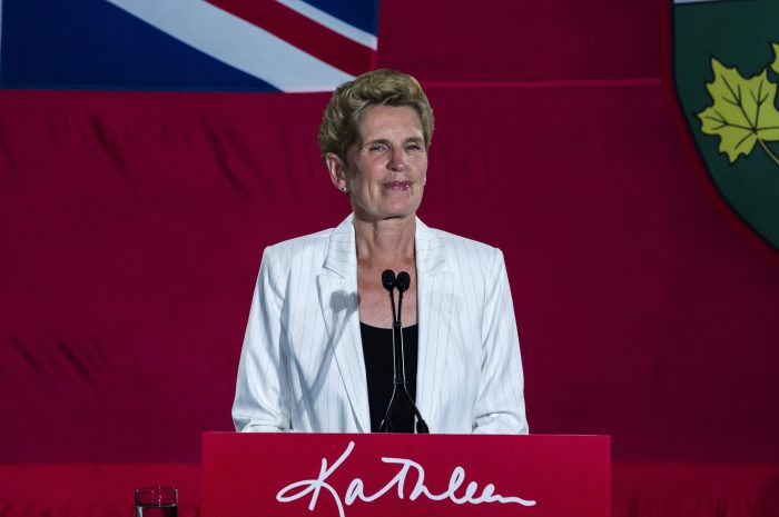 Former Ontario Premier Kathleen Wynne announces to supporters that she is stepping away from her Liberal seat during her election night party at York Mills Gallery on Thursday, June 7, 2018. 