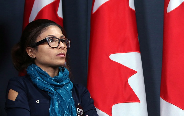 In this 2015 file photo, Ensaf Haidar, wife of jailed Saudi blogger Raif Badawi who has been flogged by Saudi authorities, takes part in a news conference in Ottawa. Haidar is set to become a Canadian citizen at a ceremony in Sherbrooke, Que. Sunday, July 1, 2018.