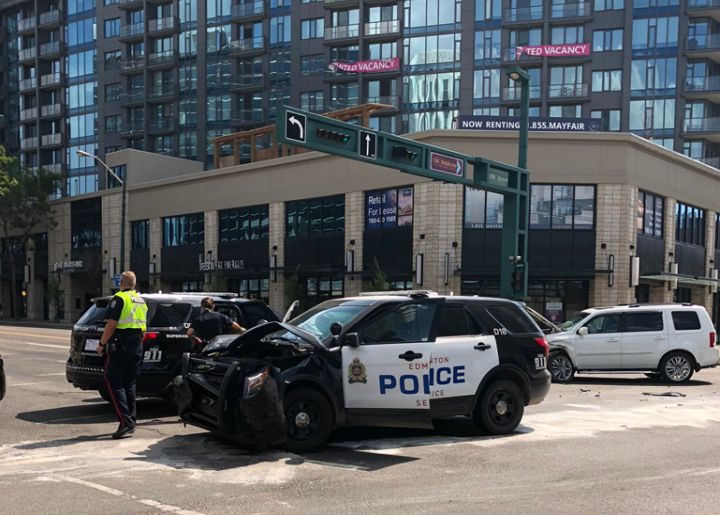 Shortly before 1:30 p.m. on Tuesday, Edmonton police issued a news release to say the corner of Jasper Avenue and 109 Street was closed so they could investigate a collision involving a police vehicle and an SUV.