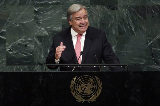 FILE – In this Tuesday, Sept. 19, 2017 file photo,United Nations Secretary-General Antonio Guterres addresses the 72nd meeting of the United Nations General Assembly at UN headquarters.