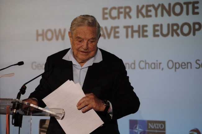 George Soros leaves the stage after giving a speech entitled “How to save the European Union” at the European Council On Foreign Relations Annual Council Meeting in Paris, May 29, 2018. Steve Bannon says his new foundation will work in direct opposition to Soros.