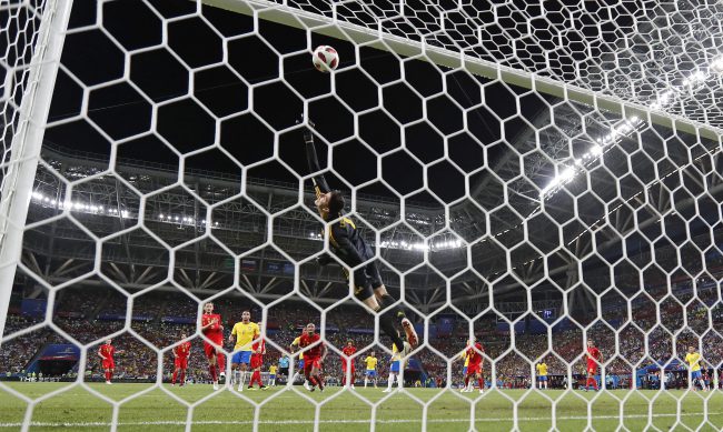 Belgium goalkeeper Thibaut Courtois saves from Brazil’s Neymar during the quarterfinal match between Brazil and Belgium at the 2018 World Cup in the Kazan Arena, in Kazan, Russia, July 6, 2018.
