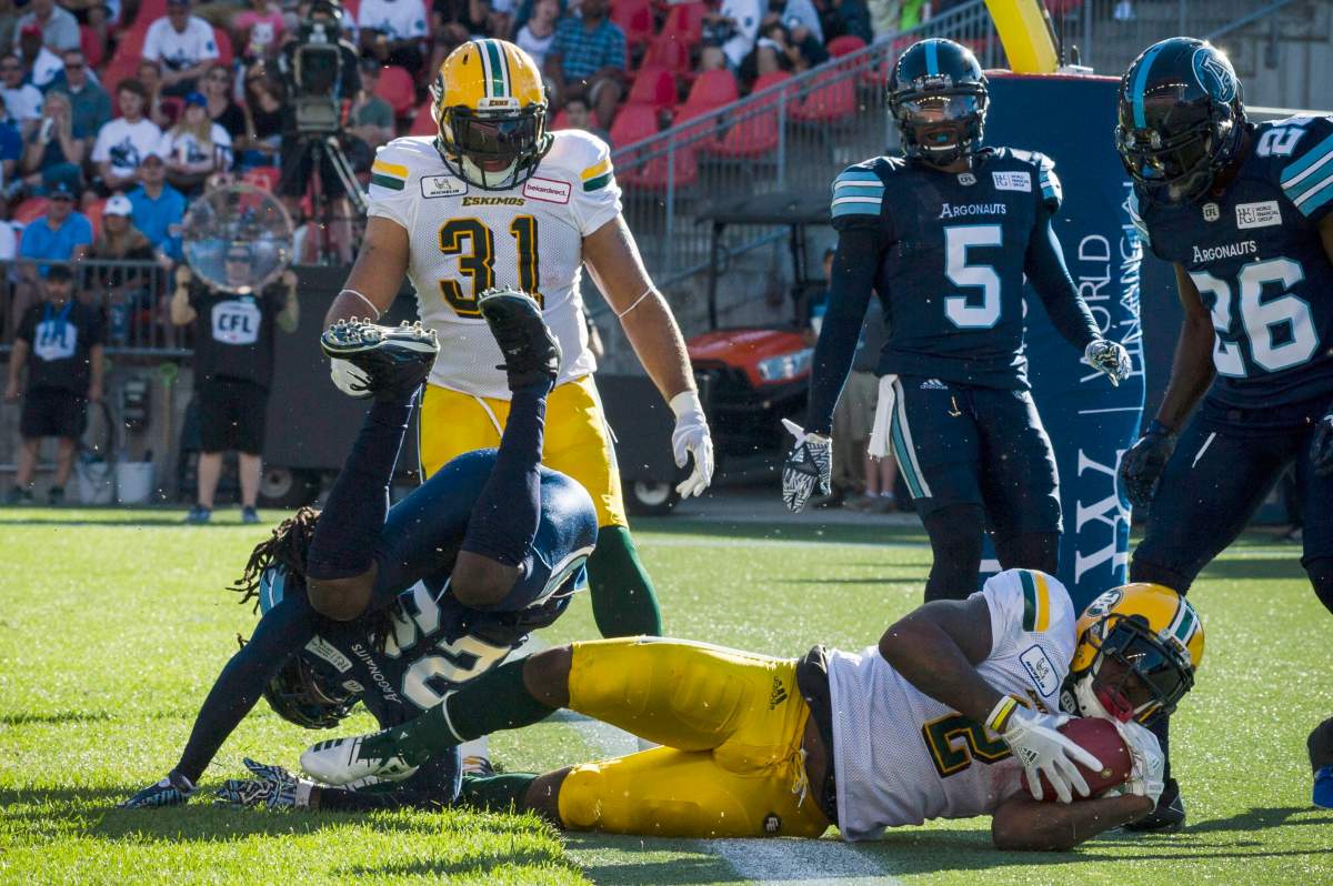 Edmonton Eskimos running back C.J. Gable (2) slides into the Toronto Argonauts end zone during second quarter CFL action in Toronto on Saturday, July 7, 2018. 